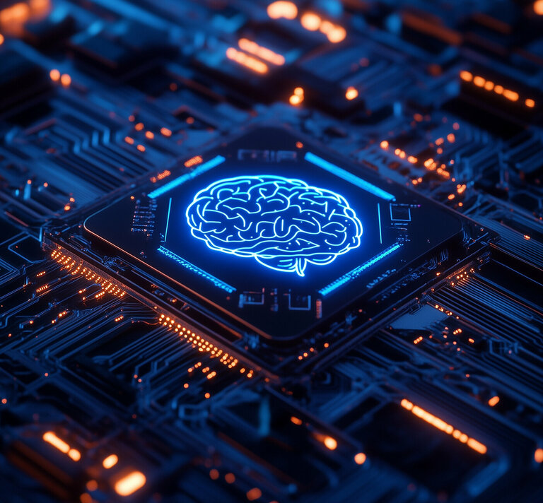 Auf einer Leiterplatte ist ein Icon mit einem Gehirn für künstliche Intelligenz zu sehen.